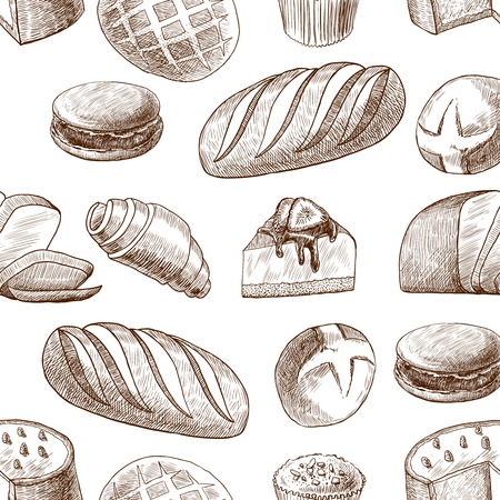 Puff sweet pastry baked cake and wheat rye traditional bread seamless food pattern vector illustrationのイラスト素材