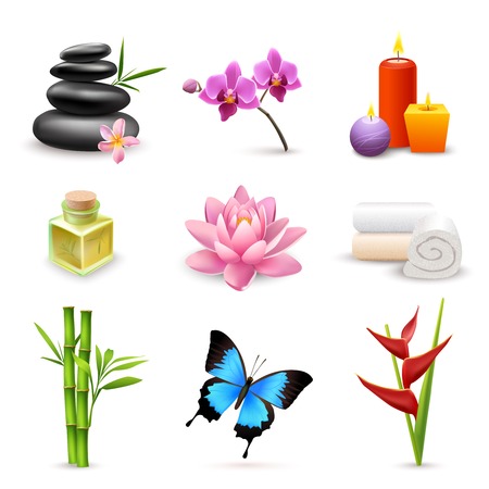 Realistic 3d spa beauty health care icons set with bamboo lotus candles isolated vector illustrationのイラスト素材