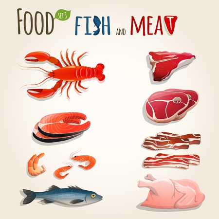 Food fish and meat decorative elements collection of chicken shrimp bacon vector illustrationのイラスト素材