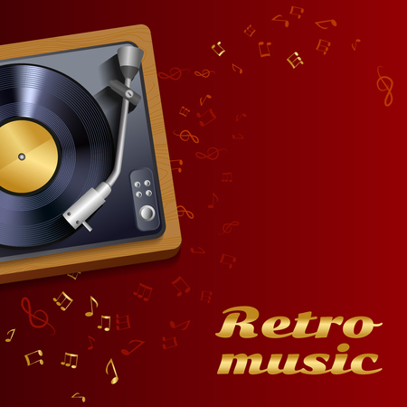 Vintage retro vinyl record player or gramophone poster with music notes and treble clef background vector illustrationのイラスト素材
