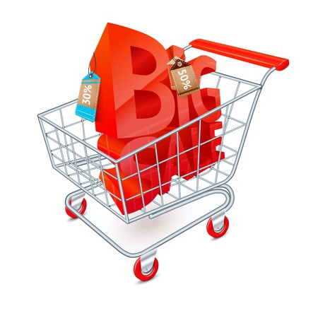 Supermarket shopping cart 3d with big sale red letters inside vector illustrationのイラスト素材