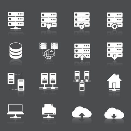 Hosting technology computer network services icons set with rack monitor drive elements isolated vector illustrationのイラスト素材
