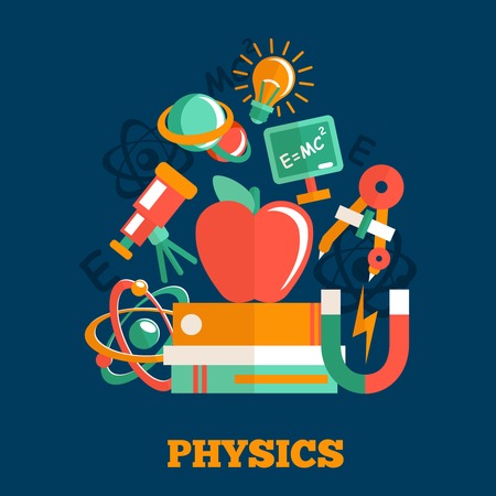 Physics science flat design poster with atom model magnet books vector illustrationのイラスト素材