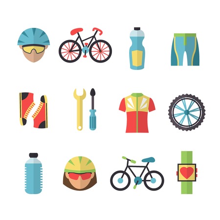 Bicycle sport fitness icons set with wheel clothes cyclist bottle isolated vector illustrationのイラスト素材