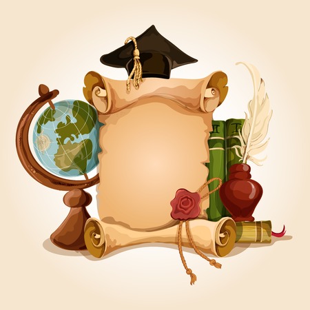 College university old style vintage graduation diploma certificate with globe and books vector illustrationのイラスト素材