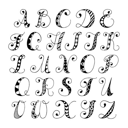 Sketch hand drawn alphabet black and white font letters isolated vector illustrationのイラスト素材