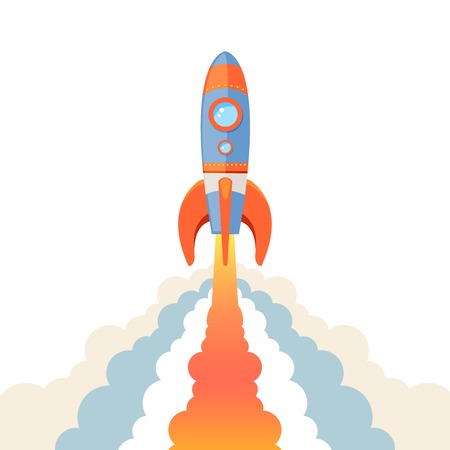 Space rocket ship start cartoon emblem isolated on white background のイラスト素材