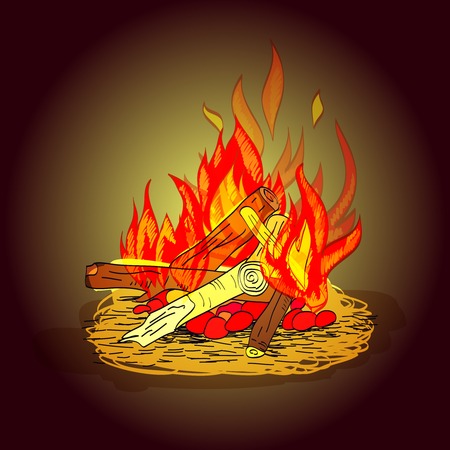 Colorful hot fiery camp fire with stack of wood and stones sketch print のイラスト素材
