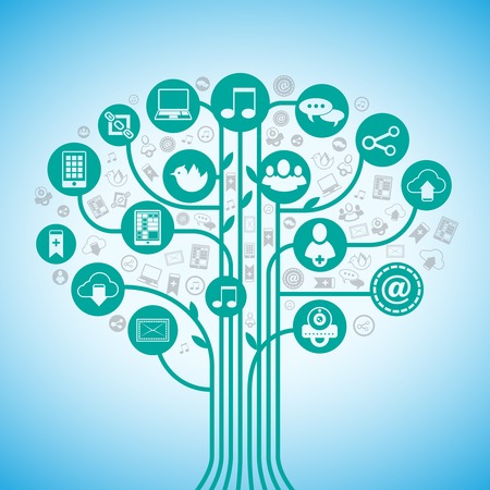 Social media tree network concept with web communication icons vector illustration.のイラスト素材