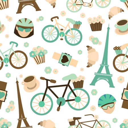 Bicycle french tour sport seamless pattern with bike croissant cyclist vector illustrationのイラスト素材