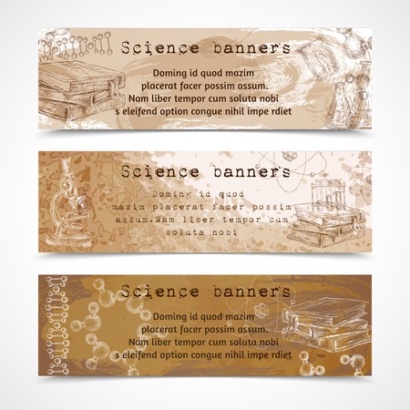 Science education sketch vintage banners with atom dna structure books microscope isolated vector illustrationのイラスト素材