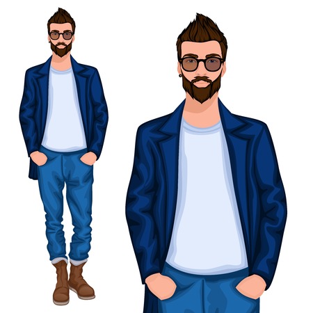 Young handsome casually dressed hipster geek guy with modern haircut in jeans vector illustrationのイラスト素材