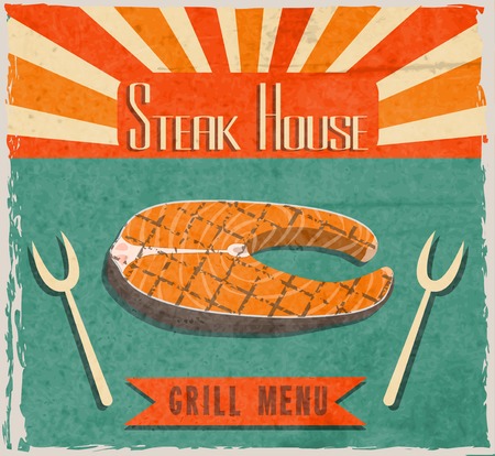 Barbecue retro vintage grill restaurant poster with fish steak vector illustrationのイラスト素材