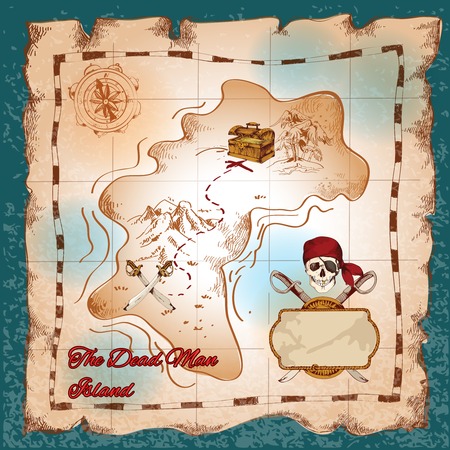 Torn paper vintage pirate treasure map on dead man island vector illustrationのイラスト素材
