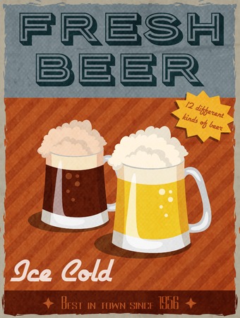 Fresh ice cold beer pub bar restaurant retro poster with mug of lager and ale vector illustrationのイラスト素材