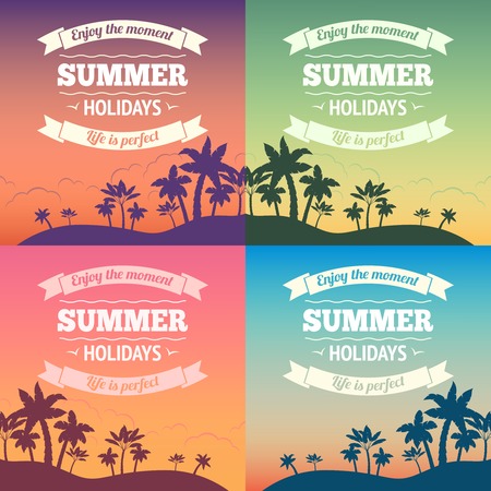 Summer holiday vacation travel background poster with sunset and palm trees vector illustrationのイラスト素材