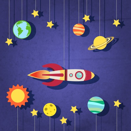 Paper rocket planets sun moon and stars in space background vector illustrationのイラスト素材