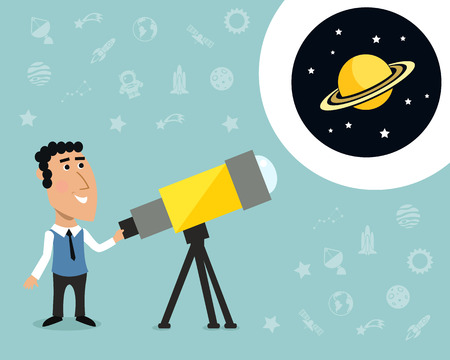 Cartoon male astronomer observes jupiter in telescope print with space elements on background vector illustrationのイラスト素材