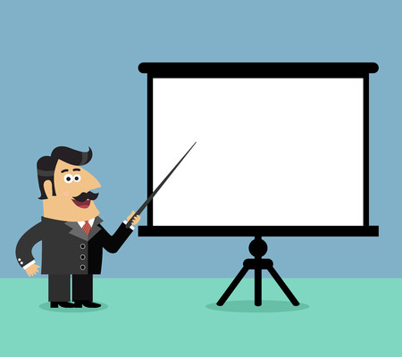 Business life shareholder boss makes a presentation pointing on blank flipchart scene vector illustrationのイラスト素材