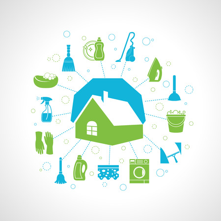 Cleaning washing concept with house and housework icons set vector illustrationのイラスト素材