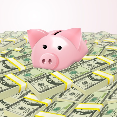 Pink cute piggy bank money safe box in heap of dollar stacks background vector illustrationのイラスト素材