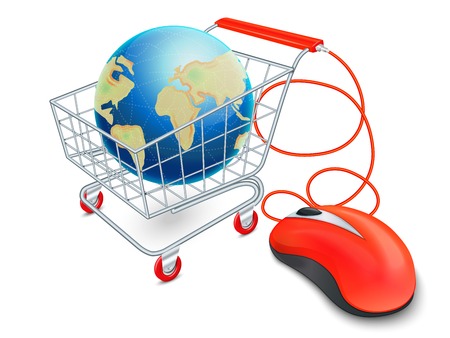 Supermarket cart 3d with computer mouse and globe internet shopping concept vector illustrationのイラスト素材
