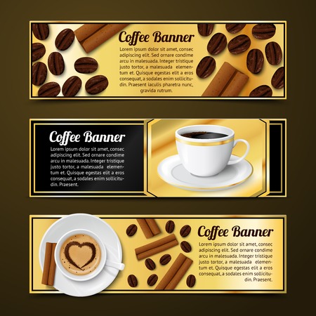 Coffee espresso cappuccino latte horizontal banners with cinnamon and beans isolated vector illustrationのイラスト素材