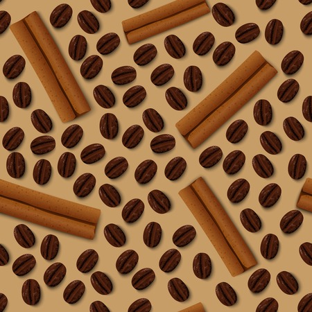 Brown coffee beans dark roasted grain and cinnamon sticks seamless pattern vector illustrationのイラスト素材