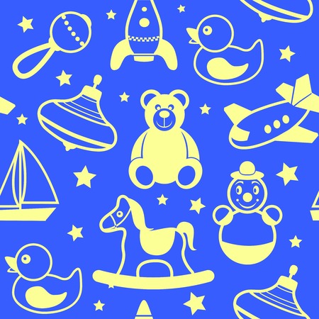 Children toys silhouette collection wallpaper with teddy bear rubber duck  rocking horse vector illustrationのイラスト素材