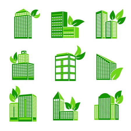 Business modern urban office green leaves eco buildings icons isolated vector illustrationのイラスト素材