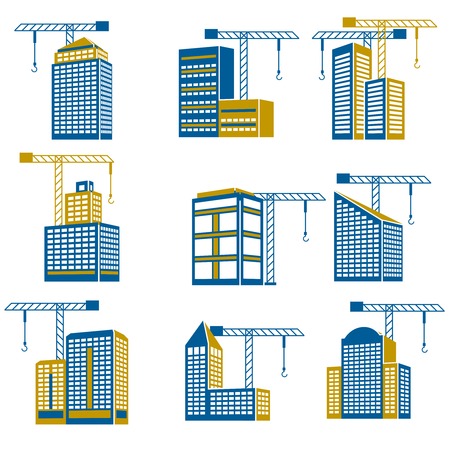 Business modern urban office buildings under construction icons isolated vector illustrationのイラスト素材