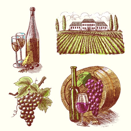 Wine vintage sketch decorative hand drawn icons set of barrel grape branch winery isolated vector illustrationのイラスト素材
