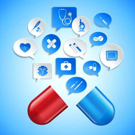 Medical pharmacy ambulance and healthcare concept with capsule and paper speech bubbles vector illustrationのイラスト素材
