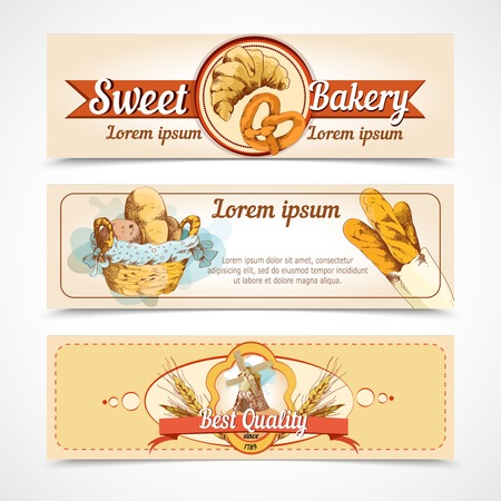 Sweet bakery  best quality bread and pastry food hand drawn banners vector illustrationのイラスト素材