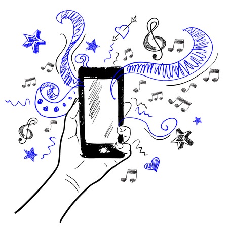 Hand holding smartphone touchscreen sketch music elements background vector illustrationのイラスト素材