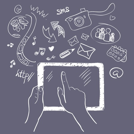 Hand holding tablet touchscreen sketch play communication elements background vector illustrationのイラスト素材
