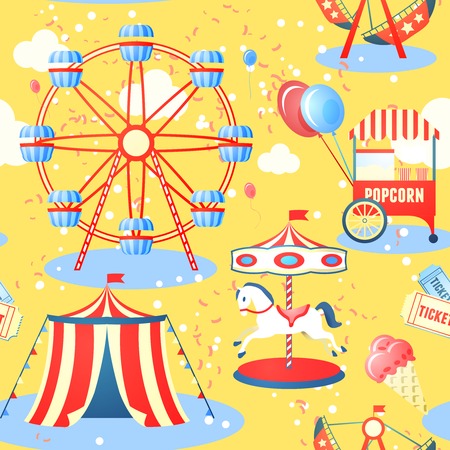 Amusement entertainment park seamless pattern with ferris wheel ice cream popcorn vector illustrationのイラスト素材