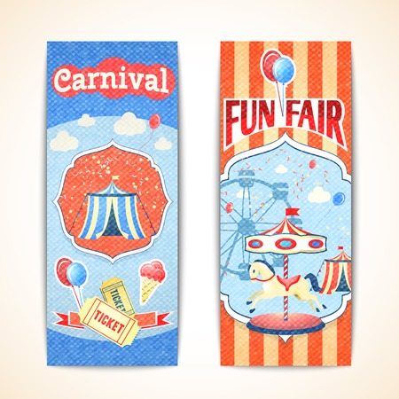 Amusement entertainment carnival theme park fun fair vintage vertical banners isolated vector illustrationのイラスト素材