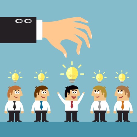 Business ideas selection concepts with human staff and lightbulbs symbols vector illustrationのイラスト素材