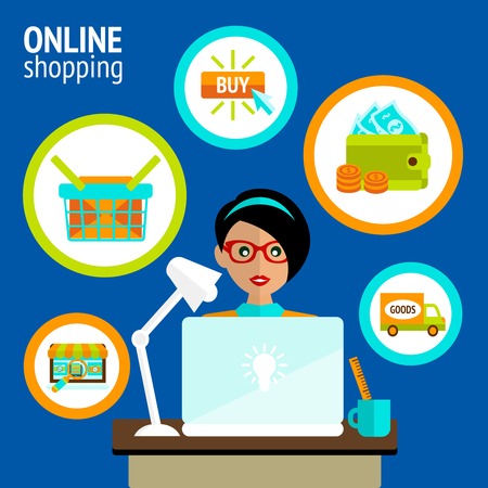 Business woman person on laptop in online shopping search buy payment delivery concept vector illustration.のイラスト素材
