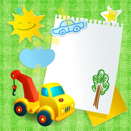 Toy construction machine postcard template with car and smiling sun stickers vector illustrationのイラスト素材