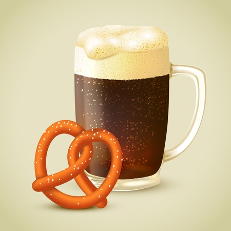 Glass mug of cold dark porter stout beer with froth and salt pretzel emblem vector illustrationのイラスト素材