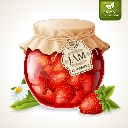 Natural organic homemade strawberry jam in glass with tag and paper cover vector illustrationのイラスト素材