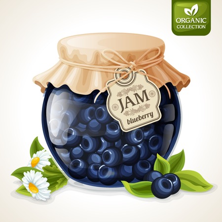 Natural organic homemade forest blueberry jam in glass with tag and paper cover vector illustrationのイラスト素材