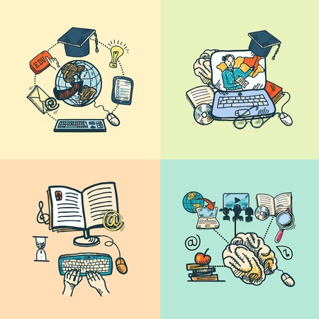 Online education e-learning science sketch icons set isolated vector illustrationのイラスト素材