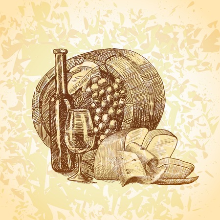 Wine vintage sketch decorative hand drawn background with barrel bottle and glass vector illustrationのイラスト素材