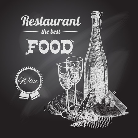 Wine and cheese vintage sketch decorative hand drawn restaurant poster vector illustration.のイラスト素材