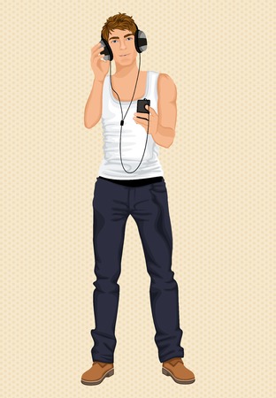 Young sexy attractive dark haired man in white singlet with headphones listening music vector illustrationのイラスト素材