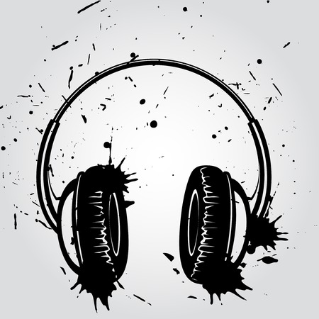 Headphones grunge style ink drawn on white background poster vector illustrationのイラスト素材
