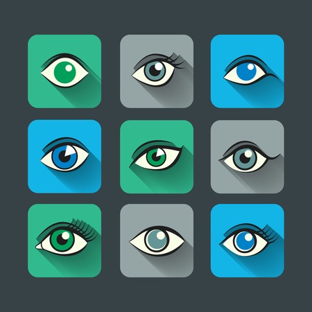 Decorative human woman abstract eyes flat long shadow set isolated vector illustrationのイラスト素材
